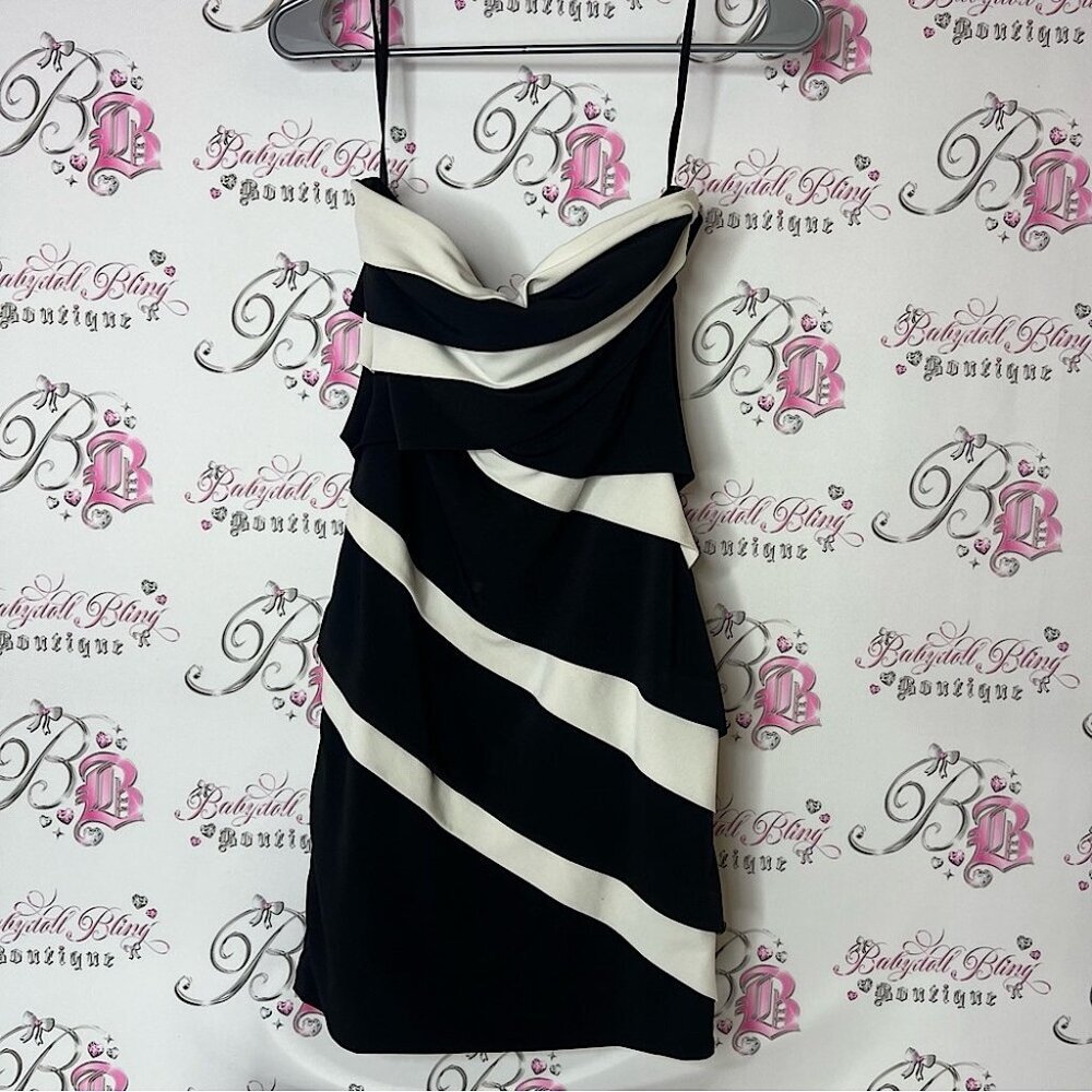 White House black market strapless Elegant Black and White Striped Dress